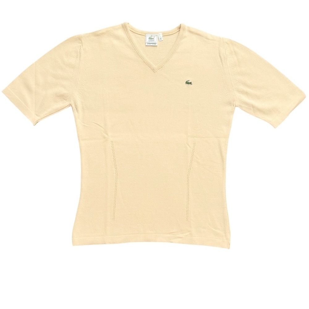 Lacoste Knit Top Women 6 Yellow V-Neck Short Sleeve Pointelle Logo Sweater